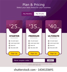 Pricing plan page purple style. High quality vector EPS10