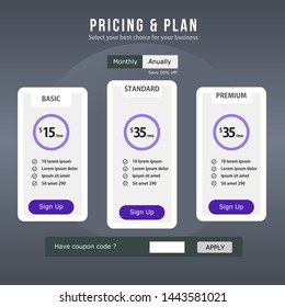 Pricing plan UI design, blue style with circle