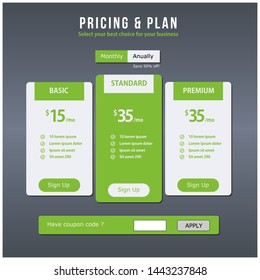 Pricing plan UI design, green style. High quality vector EPS