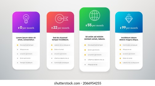 Pricing plans. Business product subscription list layout. Grids and tabs with pricing discount and features checklist. Tariff compare infographic mockup. Vector comparison chart table