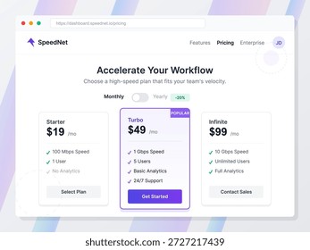 Los Planes de Precios muestran opciones para los servicios de Internet de SpeedNet, ilustrando las características y los costos de los diferentes niveles de Suscripción dirigidos a los usuarios y las empresas.