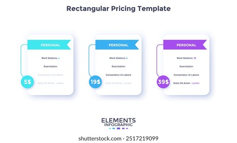 Precios Planes del programa de servicio Plantilla de diseño de gráfico de infografía rectangular con 3 pasos . Oferta comercial para infografía de Cliente de la compañía con flechas. Material de presentación de datos visuales de línea delgada