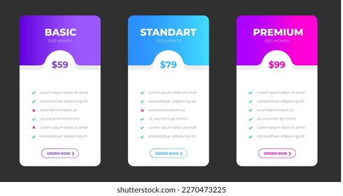 pricing plans table and pricing chart Price list  for web or app. Ui UX pricing design tables with tariffs, subscription features checklist and business plans. Product Comparison business web plans.