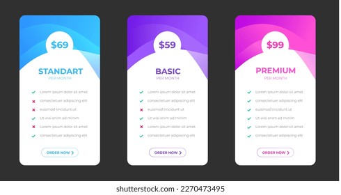 pricing plans table and pricing chart Price list  for web or app. Ui UX pricing design tables with tariffs, subscription features checklist and business plans. Product Comparison business web plans.
