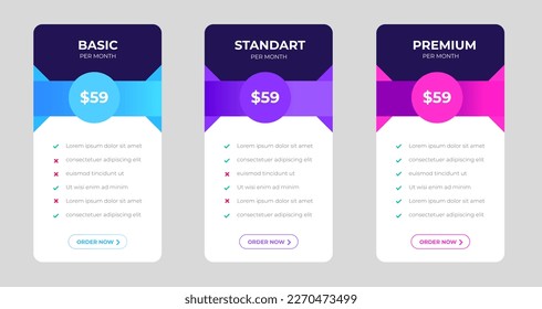 pricing plans table and pricing chart Price list  for web or app. Ui UX pricing design tables with tariffs, subscription features checklist and business plans. Product Comparison business web plans.