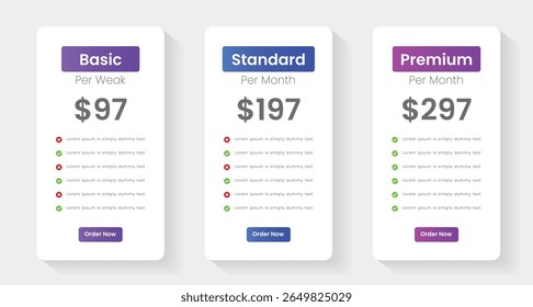 Tabela de planos de precificação, gráfico de precificação, lista de preços para Web ou aplicativo. Tabelas de design de preço UX da UI com tarifas. Planos da Web de negócios para comparação de produtos. A assinatura inclui lista de verificação e planos de negócios.