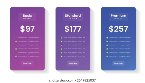Pricing plans table, pricing chart, price list for web or app. Ui UX pricing design tables with tariffs. Product comparison business web plans. Subscription features checklist and business plans.