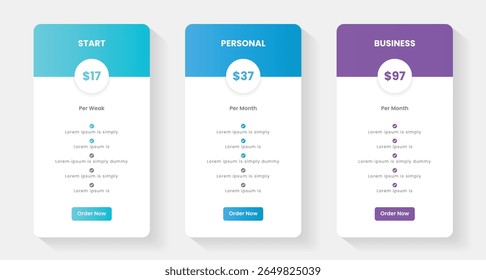 Tabela de planos de precificação, gráfico de precificação, lista de preços para Web ou aplicativo. Tabelas de design de preço UX da UI com tarifas. Planos da Web de negócios para comparação de produtos. A assinatura inclui lista de verificação e planos de negócios.