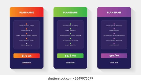 Pricing plans table, pricing chart, price list for web or app. Ui UX pricing design tables with tariffs. Product comparison business web plans. Subscription features checklist and business plans.