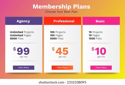 Pricing plans table with gradient color theme design. vector