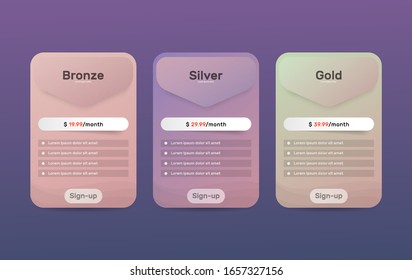 Pricing plans. Table price comparison for web. 3 blocks for standard, personal and business compare tariff banners. Vector