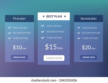 Pricing plans for websites and applications. Banner pricing design. Web commercial template hosting table.