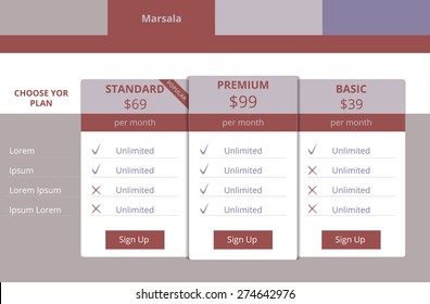 Pricing plans for websites and applications, color marsala
