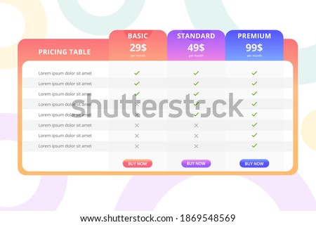 pricing plans for websites and applications, Pricing table with different plans basic, standard and premium