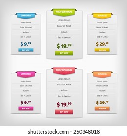 Pricing plans for websites. Colorful template tables.