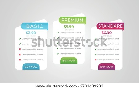 Pricing plans for websites. Colorful template tables.