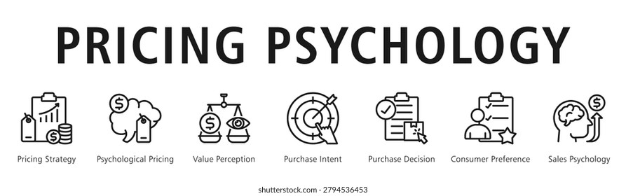 Pricing Psychology web banner icon vector illustration with icons of Pricing Strategy, Psychological Pricing, Value Perception, Purchase Intent, Purchase Decision, Consumer Preference and Sales Psychology