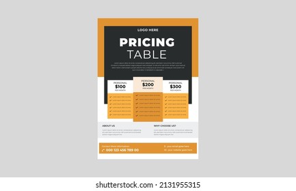 Pricing Sheet Flyer, Vector Pricing Table For Websites And Applications Flyer Template, Price Table Concept Flyer, Poster, Vector.