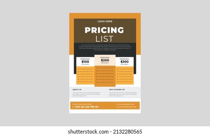 Pricing Sheet Flyer, Vector Pricing Table For Websites And Applications Flyer Template, Price Table Concept Flyer, Poster, Vector.