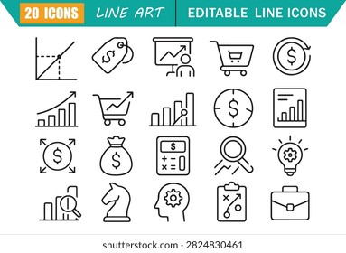 Pricing strategy icons set, 20 editable line art icons set, break even point, sales, margin, expense, income, forecasting, business planning, revenue theme style, clean outline vector