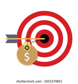 pricing strategy price tag on consumer target market financial target. archery with price tag  flat vector illustration.