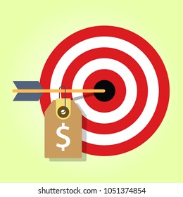 pricing strategy price tag on consumer target market financial target. archery with price tag  flat vector illustration.