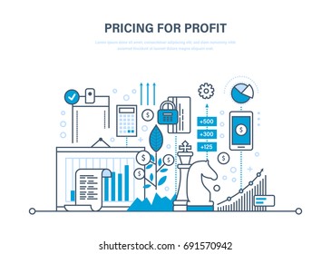 Pricing strategy and pricing for profit, time management, marketing, planning, research, protection of payment, deposits, financial growth. Illustration thin line design of vector doodles.