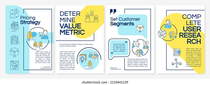 Pricing strategy steps blue and yellow brochure template. Booklet print design with linear icons. Vector layouts for presentation, annual reports, ads. Questrial, Lato-Regular fonts used