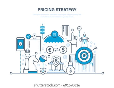 Pricing strategy, time management, marketing, planning, research, protection of payment, deposits, financial growth. Illustration thin line design of vector doodles, infographics elements.