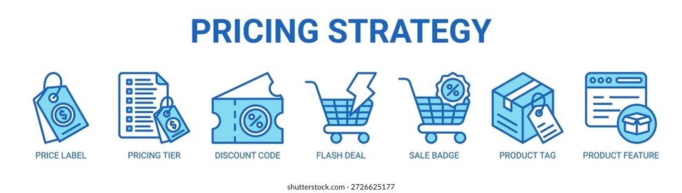 Concepto de Ilustración vectorial de icono de Anuncio de Web de estrategia de Precios con ícono de etiqueta de Precio, nivel de Precios, código de descuento, oferta flash, insignia de venta, etiqueta de producto, característica de producto.