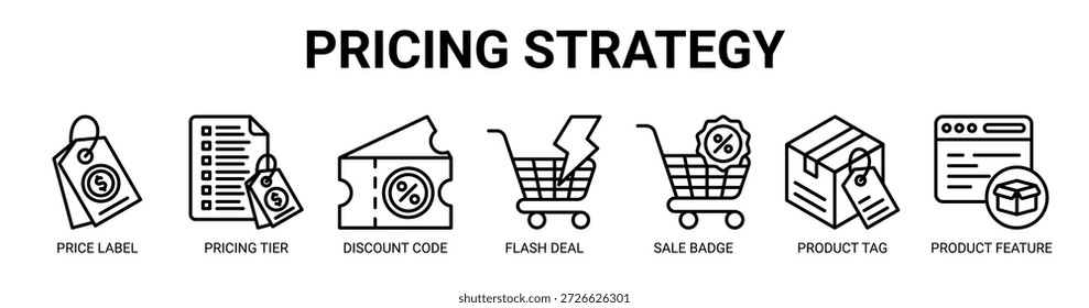 Preisstrategie Web-Banner-Symbol Vektorgrafik-Konzept mit Symbol der Preisschild, Preisstufe, Rabatt-Code, Flash-Deal, Verkauf Badge, Produkt-Tag, Produkt-Funktion.