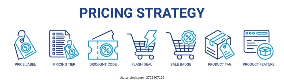 Preisstrategie Web-Banner-Symbol Vektorgrafik-Konzept mit Symbol der Preisschild, Preisstufe, Rabatt-Code, Flash-Deal, Verkauf Badge, Produkt-Tag, Produkt-Funktion.