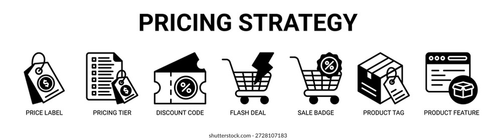 Pricing Strategy web banner icon vector illustration concept with icon of price label, pricing tier, discount code, flash deal, sale badge, product tag, product feature.
