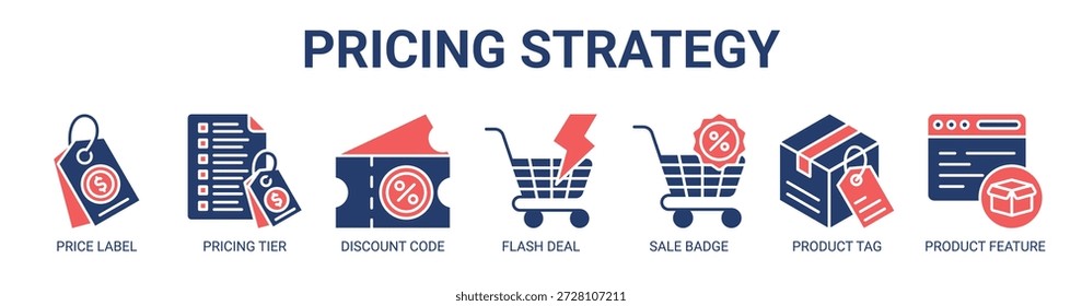 Preisstrategie Web-Banner-Symbol Vektorgrafik-Konzept mit Symbol der Preisschild, Preisstufe, Rabatt-Code, Flash-Deal, Verkauf Badge, Produkt-Tag, Produkt-Funktion.