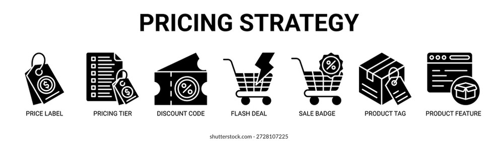 Preisstrategie Web-Banner-Symbol Vektorgrafik-Konzept mit Symbol der Preisschild, Preisstufe, Rabatt-Code, Flash-Deal, Verkauf Badge, Produkt-Tag, Produkt-Funktion.