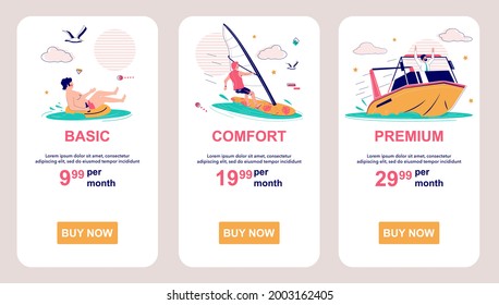Pricing or subscription plans. Basic, standard, premium. Price list. Mobile app onboarding screens. Vector banner template for website and mobile development. Web site and UI design illustration.