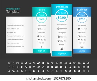 Pricing table with 3 plans and one recommended. Blue header colour scheme and dark background