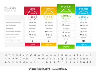 Pricing table with 4 plans and one recommended. Blue, red green and yellow header