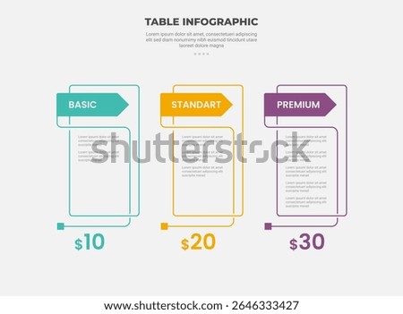 pricing table box infographic outline style with 3 point template with arrow header badge on vertical container for slide presentation vector