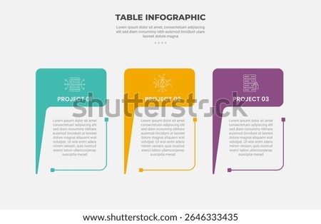 pricing table box infographic outline style with 3 point template with callout speech bubble header pointer for slide presentation vector