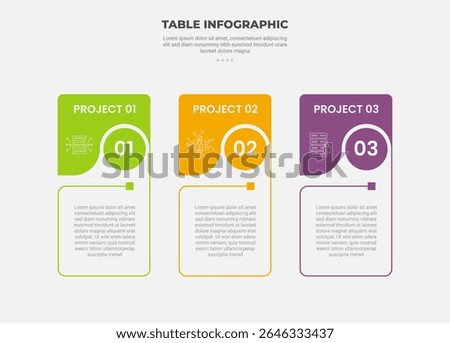pricing table box infographic outline style with 3 point template with circle header table block for slide presentation vector