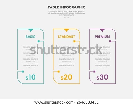 pricing table box infographic outline style with 3 point template with vertical box minimal simple line with arrow badge for slide presentation vector