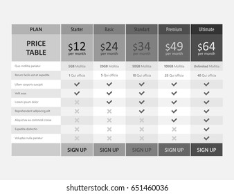 pricing table, business subscription plans 