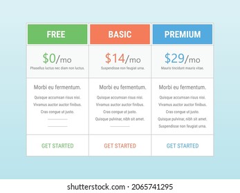 Pricing table for business vector illustration on light blue background.