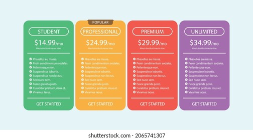 Pricing table for business vector illustration on light blue background.
