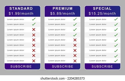 Pricing Table For Business Website. Comparison Chart Template. Comparison Table. Vector Illustration