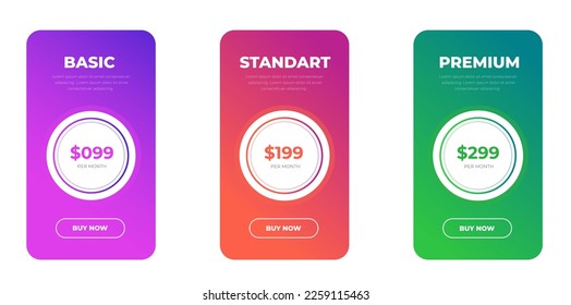 pricing table and pricing chart Price list vector templat for web or app. Ui UX design tables with tariffs, subscription and business plans. Comparison business web plans, 3 column grid design.
