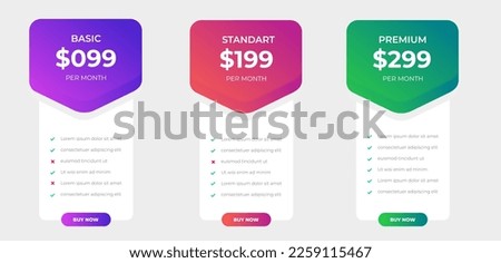 pricing table and pricing chart Price list vector templat for web or app. Ui UX design tables with tariffs, subscription and business plans. Comparison business web plans, 3 column grid design.