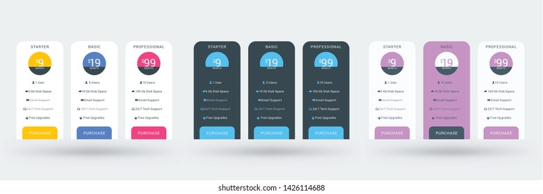 Pricing table color variations. Pricing plans template for websites and applications. Vector illustration