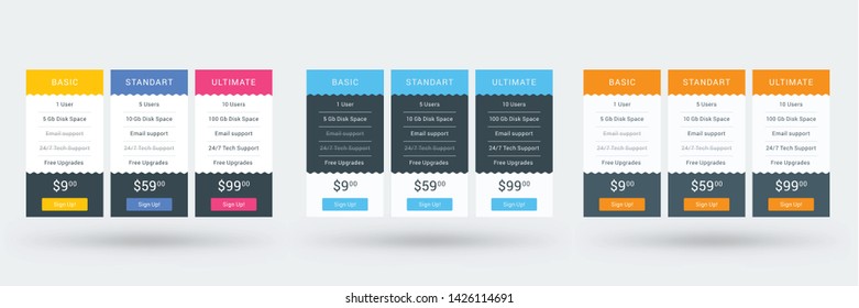 Pricing table color variations. Pricing plans template for websites and applications. Vector illustration